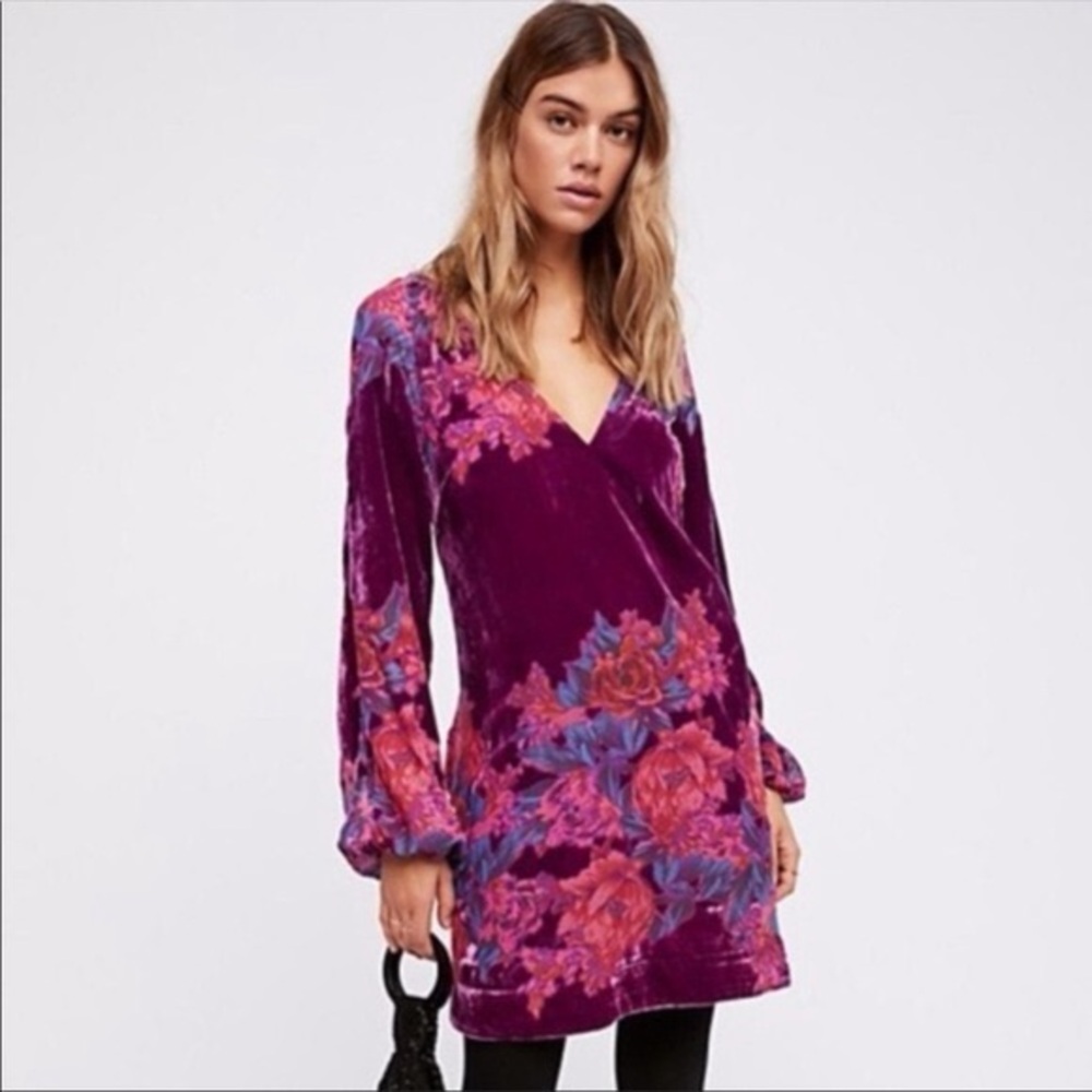 Free People Floral Velvet V-Neck Long-Sleeve Dress